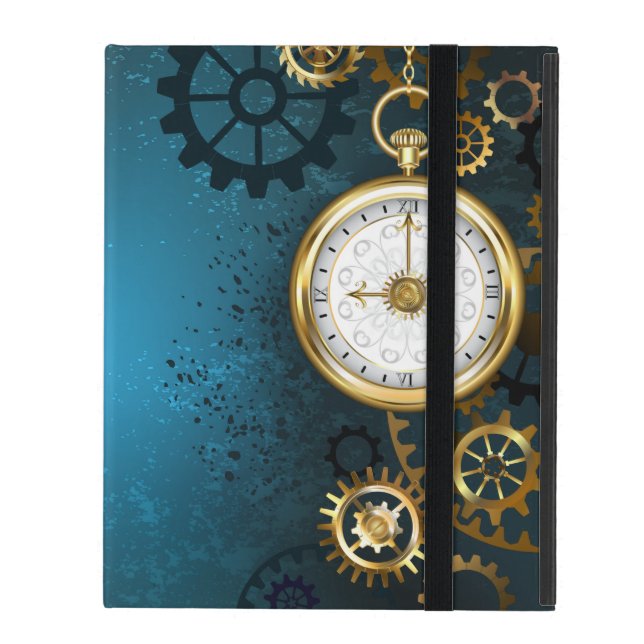 Coque iPad Steampunk Arrière - plan turquoise avec Gears (Devant fermé)