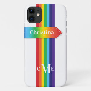Coque iPhone 11 Arc-en-ciel rayé avec Monogramme