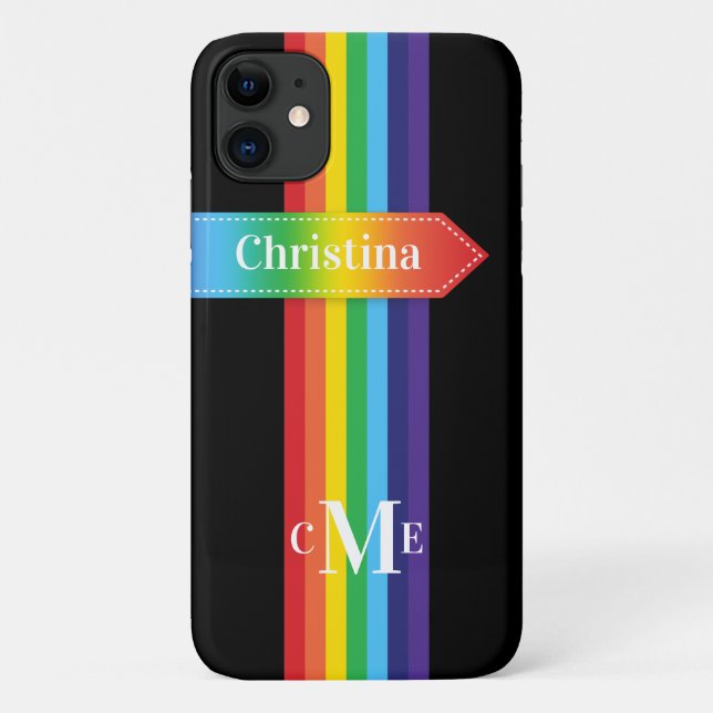 Coque iPhone 11 | Arc-en-ciel rayé avec Monogramme (Dos)