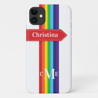 Coque iPhone 11 | Arc-en-ciel rayé avec Monogramme