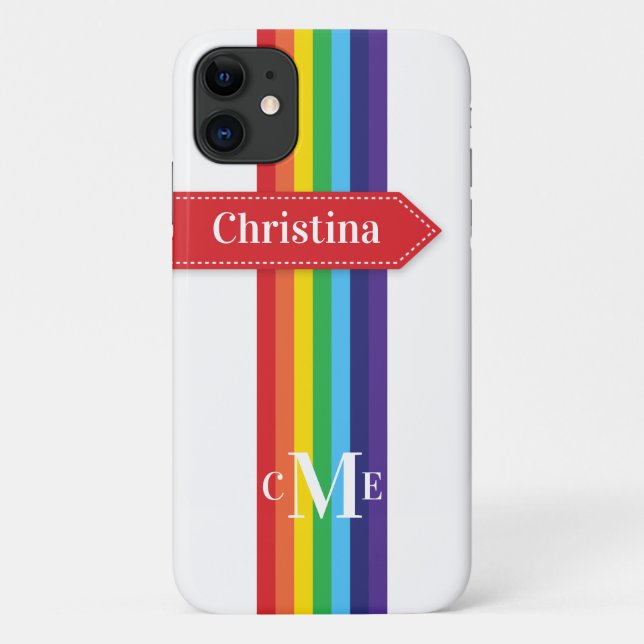 Coque iPhone 11 | Arc-en-ciel rayé avec Monogramme (Dos)