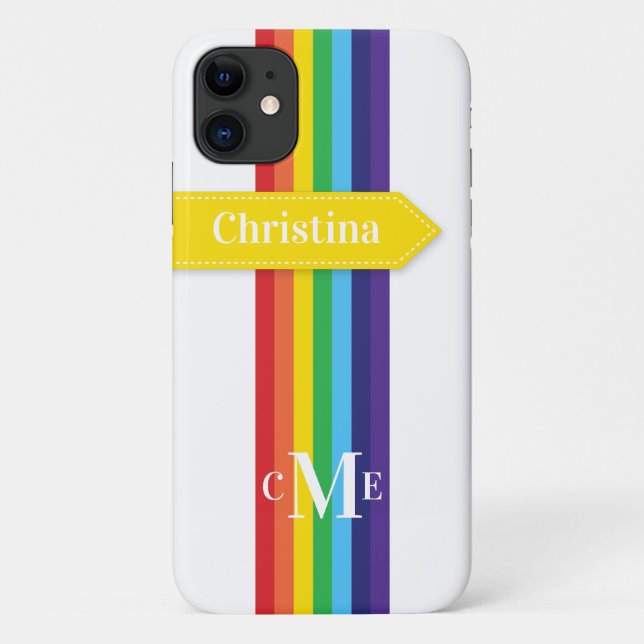 Coque iPhone 11 | Arc-en-ciel rayé avec Monogramme (Dos)