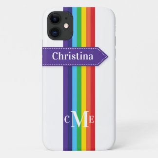 Coque iPhone 11 | Arc-en-ciel rayé avec Monogramme