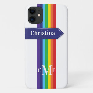 Coque iPhone 11   Arc-en-ciel rayé avec Monogramme