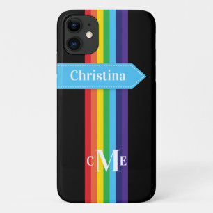 Coque iPhone 11 Arc-en-ciel rayé avec Monogramme