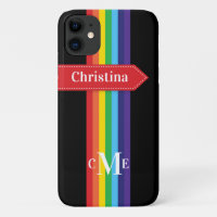 Coque iPhone 11 | Arc-en-ciel rayé avec Monogramme