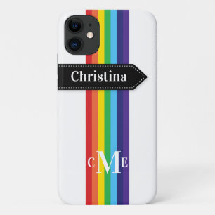 Coque iPhone 11 Arc-en-ciel rayé avec Monogramme