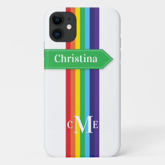 Coque iPhone 11 | Arc-en-ciel rayé avec Monogramme