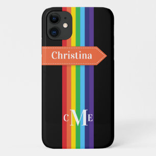 Coque iPhone 11   Arc-en-ciel rayé avec Monogramme