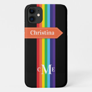 Coque iPhone 11 | Arc-en-ciel rayé avec Monogramme