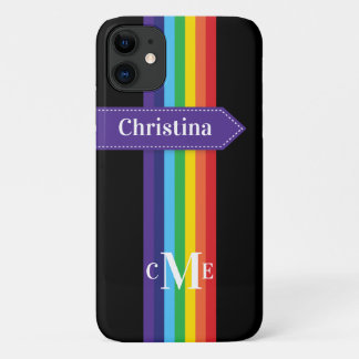 Coque iPhone 11 | Arc-en-ciel rayé avec Monogramme