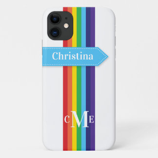 Coque iPhone 11 | Arc-en-ciel rayé avec Monogramme