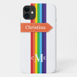 Coque iPhone 11 | Arc-en-ciel rayé avec Monogramme