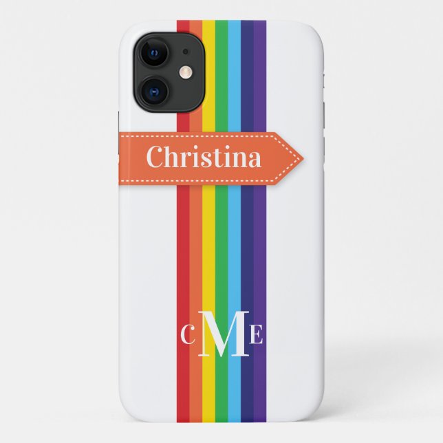 Coque iPhone 11 | Arc-en-ciel rayé avec Monogramme (Dos)