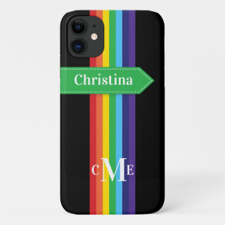 Coque iPhone 11 | Arc-en-ciel rayé avec Monogramme