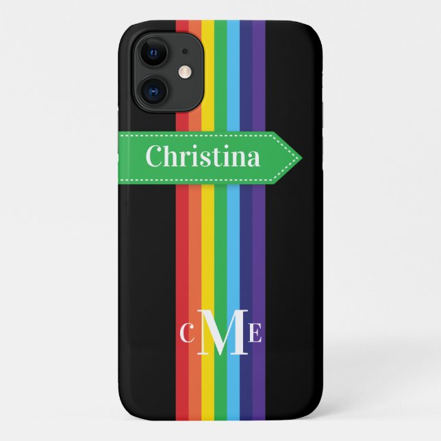 Coque iPhone 11 | Arc-en-ciel rayé avec Monogramme (Dos)