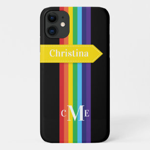 Coque iPhone 11   Arc-en-ciel rayé avec Monogramme