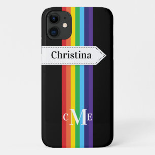 Coque iPhone 11   Arc-en-ciel rayé avec Monogramme