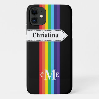 Coque iPhone 11 | Arc-en-ciel rayé avec Monogramme