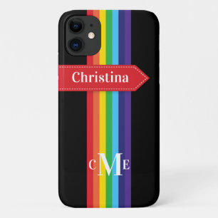 Coque iPhone 11  Arc-en-ciel strié avec monogramme