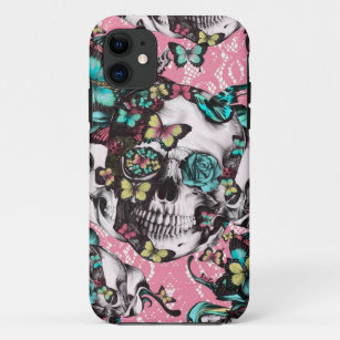 Coque iPhone 11 Crâne rose floral avec des papillons