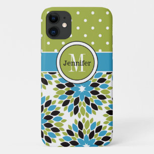 Coque iPhone 11 Floral, points Bleu, Vert