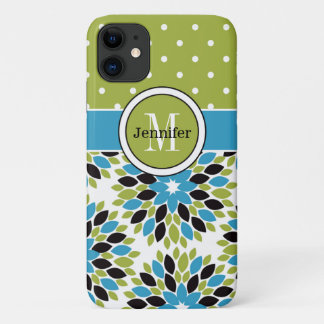 Coque iPhone 11 | Floral, points | Bleu, Vert
