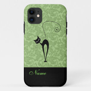 Coque iPhone 11 Whimsical Funny tendance chat noir damask