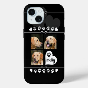 Coque iPhone 15 3 Collage Photo Chien Nom Noir et Blanc Cœur