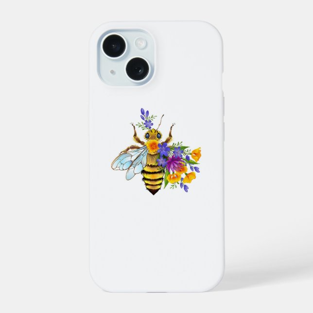 Coque iPhone 15 Abeille à fleurs avec plantes sauvages (Verso)