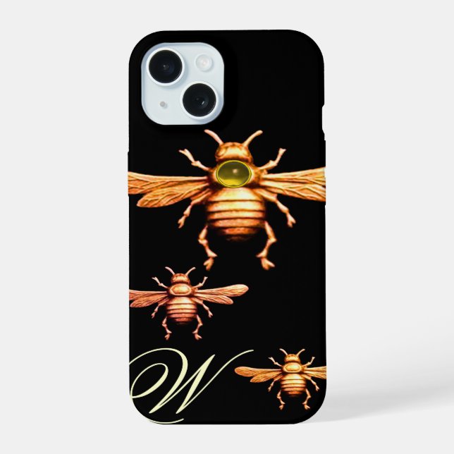 COQUE iPhone 15 ABEILLES MIEL MONOGRAMME OR (Verso)
