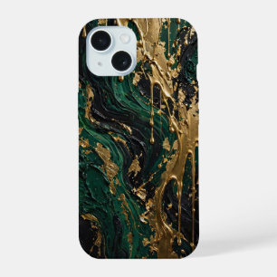 Coque iPhone 15 Abîme d'émeraude - Luxueux liquide vert noir et or