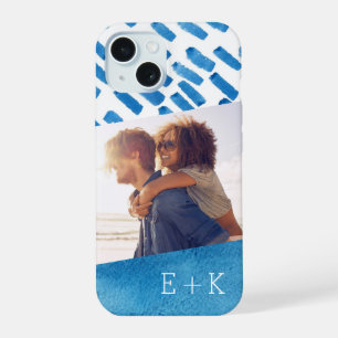 Coque iPhone 15 Abstrait aquarelle bohème bleu Photo monogrammée
