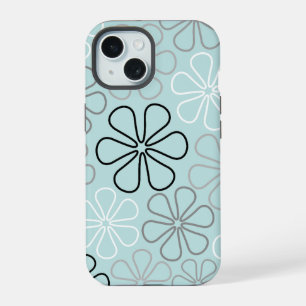 Coque iPhone 15 Abstrait Big Flower Outlines BWG+Duck Egg Blue