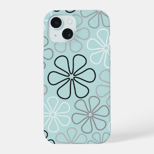 Coque iPhone 15 Abstrait Big Flower Outlines BWG+Duck Egg Blue