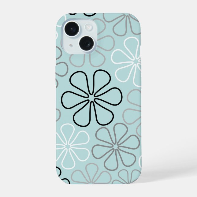 Coque iPhone 15 Abstrait Big Flower Outlines BWG+Duck Egg Blue (Verso)