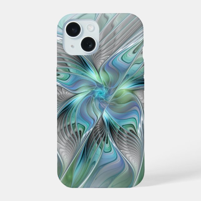 Coque iPhone 15 Abstrait Bleu Vert Papillon Imaginaire Fractal Art (Verso)
