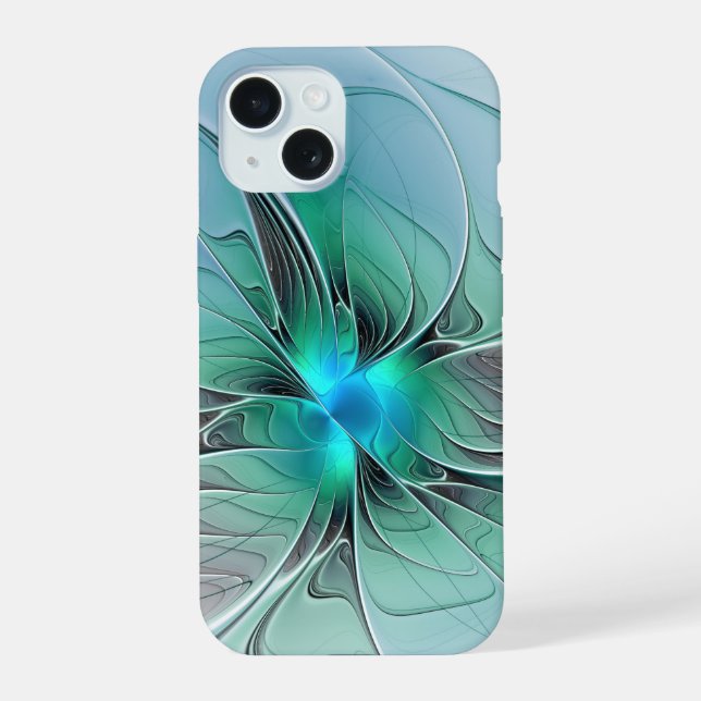 Coque iPhone 15 Abstrait De Bleu, Art Fractal Moderne (Verso)