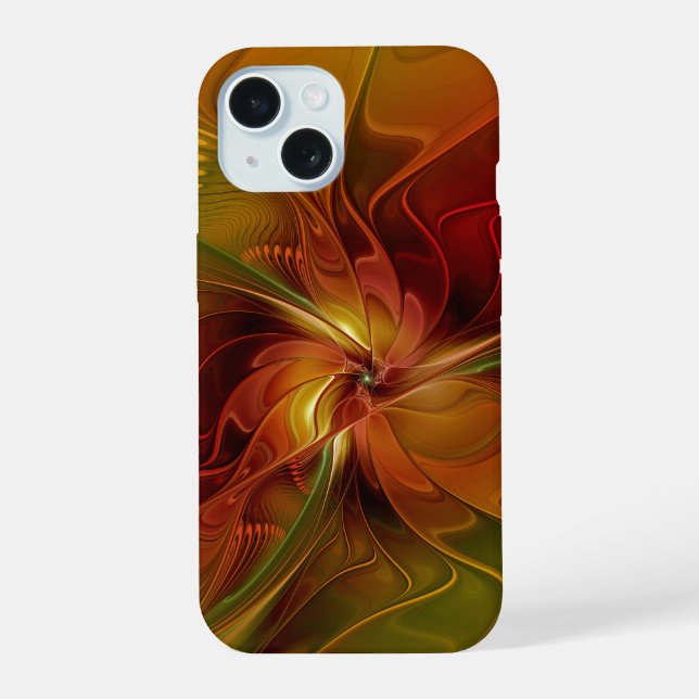 Coque iPhone 15 Abstrait Rouge Orange Brown Vert Fractal Art Flowe (Verso)