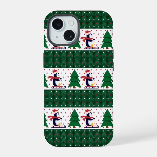 Coque iPhone 15 Adorable Chandail de Noël Penguin arbre hiver (Verso)