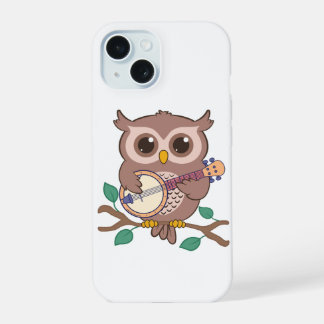 Coque iPhone 15 Adorable Chouette Oiseau Jouer Banjo Cartoon