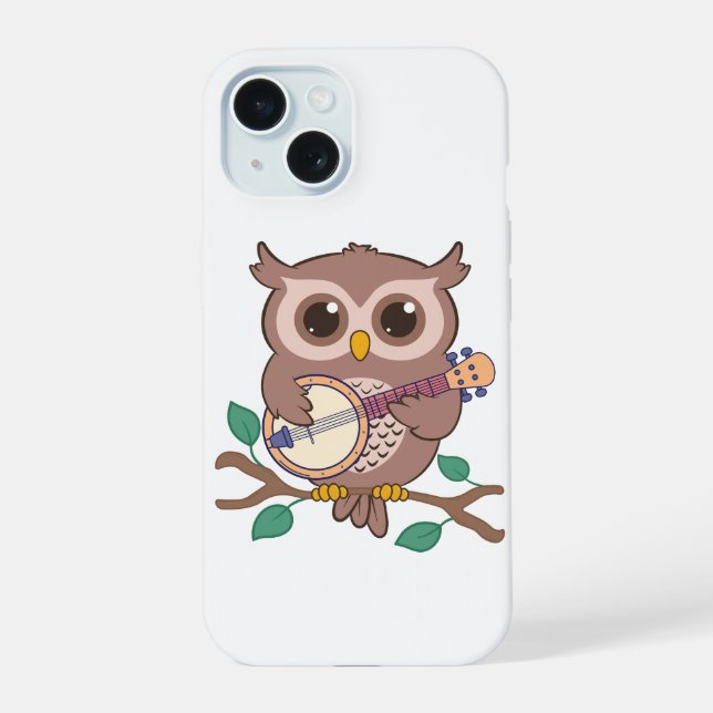 Coque iPhone 15 Adorable Chouette Oiseau Jouer Banjo Cartoon (Verso)