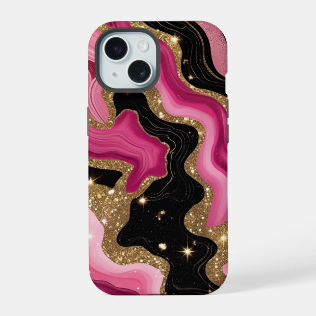 Coque iPhone 15 Agate dorée noire et rose (Verso)