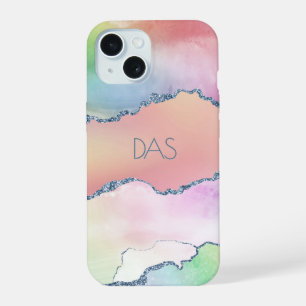 Coque iPhone 15 Agate pêche Aquarelle ombrée pastel douce jolie