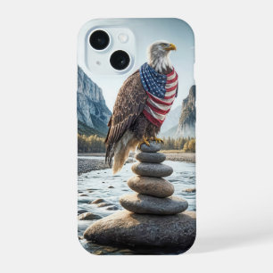 Coque iPhone 15 Aigle royal sur un cairn avec le drapeau américain