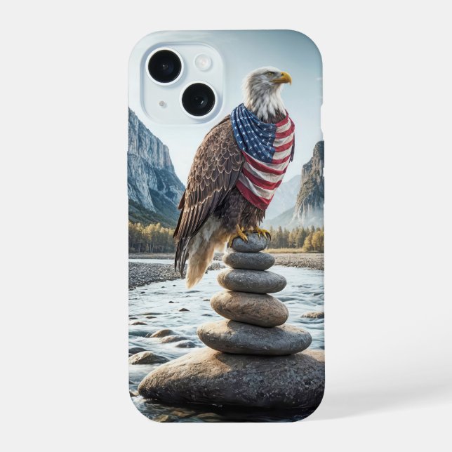Coque iPhone 15 Aigle royal sur un cairn avec le drapeau américain (Verso)