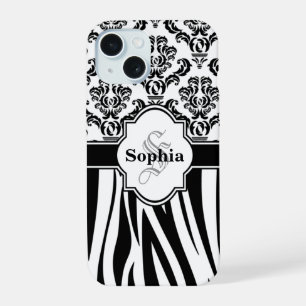 Coque iPhone 15 Ajouter Votre Nom Monogramme Damask Jungle Zebra S