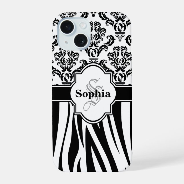 Coque iPhone 15 Ajoutez Votre Noms Monogramme Damassé Jungle Rayur (Verso)