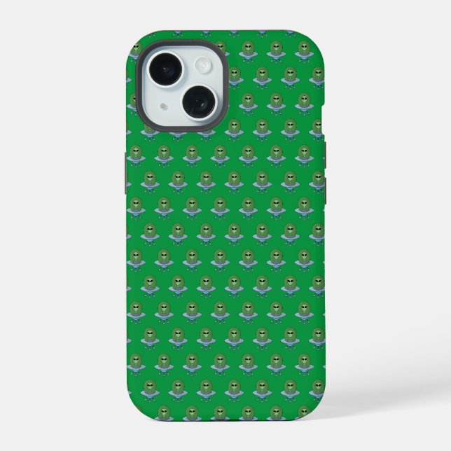 Coque iPhone 15 Alien dans son petit vaisseau spatial (Verso)