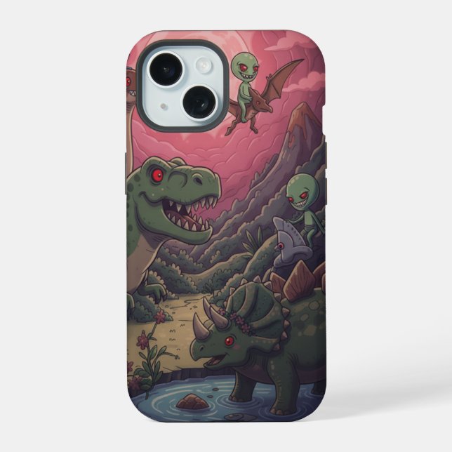 Coque iPhone 15 Aliens and Dinosaurs Under Crimson Skies (Verso)